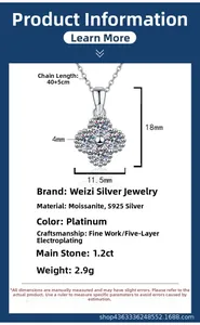 Detail of S925 silver moissanite clover pendant with 1.2ct stone and dimensions
