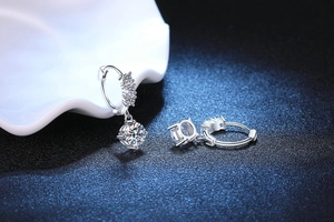 Macro shot of S925 sterling silver drop earrings featuring 1 carat moissanite stones