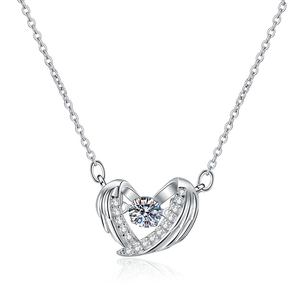 S925 sterling silver Guardian Wings necklace with a sparkling D-color heart Moissanite stone