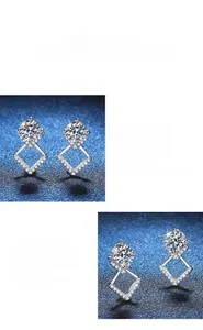 Dettaglio macro dell'orecchino a lobo in moissanite con cornice geometrica in argento