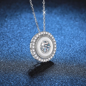 S925 sterling silver geometric double-ring necklace with white shell and moissanite pendant