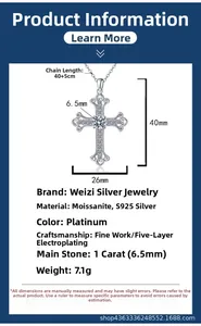 Detail view of S925 silver cross pendant with 1ct moissanite and technical specifications