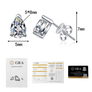 Pear-cut moissanite silver earrings with GRA certificate and black warranty card set
