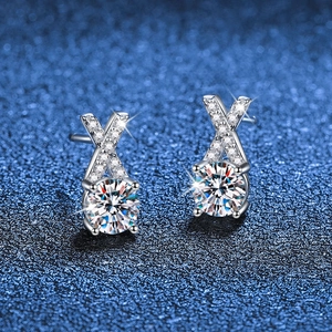 Elegant S925 sterling silver X-shaped earrings with Moissanite stone on blue backdrop