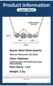 Détails du collier en argent 925 avec moissanite 1,2ct montrant les dimensions et le poids