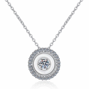 S925 sterling silver necklace with double circle white shell and moissanite pendant