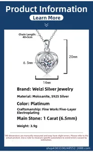 S925 sterling silver heart necklace details showing pendant size and 1ct moissanite dimensions