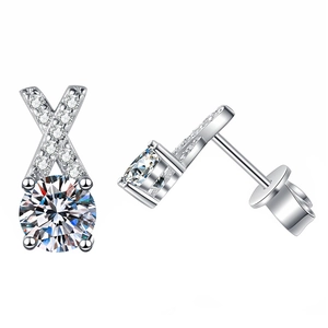 S925 sterling silver X-shaped moissanite stud earrings featuring brilliant round cut stones
