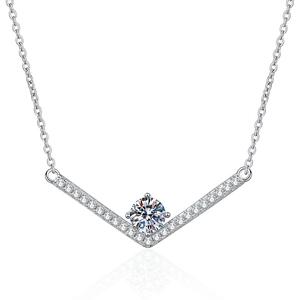 925 Sterling Silver V-Shaped Necklace with 1 Carat Moissanite and Pavé Diamond Accents
