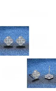 Macro detail of S925 sterling silver moissanite four-leaf clover stud earrings showing high fire