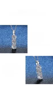Close-up of three-stone Moissanite pendant with classic prong setting on silver O-chain
