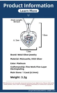 Spécifications du collier coeur en argent S925 avec moissanite 1ct et dimensions détaillées