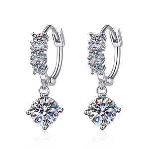 S925 sterling silver hoop earrings with 1 carat moissanite solitaire drop charms