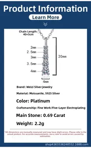 Close-up of S925 sterling silver necklace with detailed size specs and 0.69ct moissanite