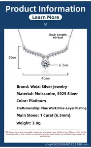 Macro detail of S925 silver angel wings necklace with 1 carat moissanite and dimensions