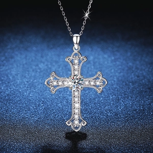 Vintage 925 Sterling Silver Cross Pendant Necklace For Women With Moissanite Round Cut Scroll Pattern Fashion Jewelry Gift
