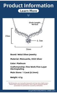 Spécifications du collier en argent S925 montrant la moissanite 1 carat et dimensions