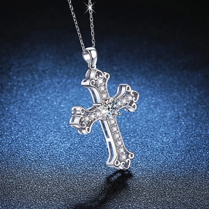 Elegant S925 sterling silver cross necklace with moissanite center stone and filigree