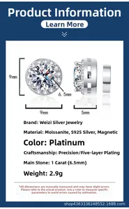 Detailed specs of magnetic moissanite stud earring in S925 silver, 9mm diameter and 1ct stone