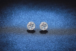 Macro shot of silver Moissanite halo stud earrings with micro-pave setting detail