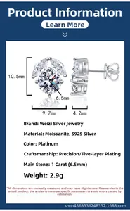 Detailed view of S925 sterling silver 1 carat moissanite stud earrings with dimensions