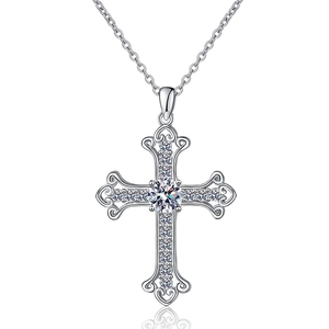Elegant S925 sterling silver cross pendant necklace featuring a central moissanite stone