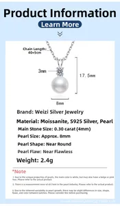 Detailed view of s925 silver necklace with 8mm pearl and moissanite stone measurements