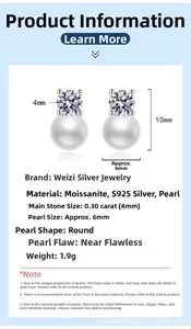 Vue macro des boucles d'oreilles en argent S925 avec Moissanite 4mm et perles de 6mm