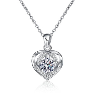 S925 sterling silver heart pendant necklace with 1 carat moissanite and pavé stones