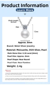 Detailed size specifications for S925 silver necklace with moissanite and pearl