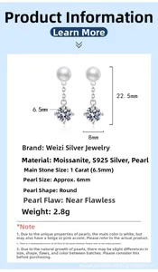 Detail of S925 silver earrings featuring 1ct moissanite and 6mm pearl with size measurements