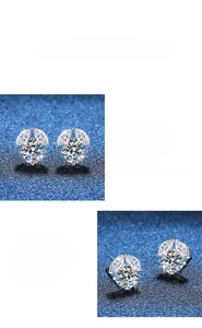 Macro detail of silver S925 earrings with D-color moissanite stones and floral prong setting