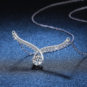 S925 sterling silver angel wing necklace with a 1ct round cut moissanite pendant