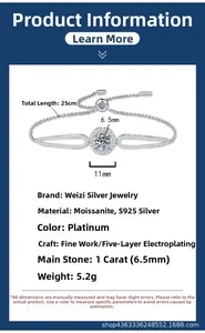 Détails et dimensions du bracelet ajustable en argent S925 avec Moissanite de 1 carat