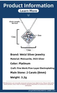 Spécifications du collier pendentif Moissanite carrée de 2 carats en argent s925