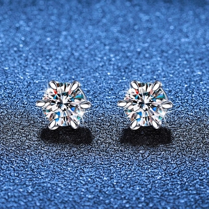 S925 sterling silver six-prong moissanite stud earrings with classic round brilliant cut