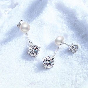 S925 Sterling Silver Moissanite Freshwater Pearl Dangle Earrings Elegant Four Prong Set Rhinestone Drop Stud Earrings For Women Jewelry