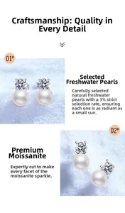 Détail de perles d'eau douce rondes et moissanite sur clous en argent s925 poli