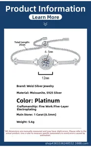 Detailed size chart of 1 carat Moissanite S925 silver bracelet showing 25cm total length