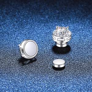 Classic round moissanite magnetic stud earrings in S925 sterling silver for non-pierced ears