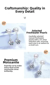 Detail view of S925 silver stud earring featuring freshwater pearl and moissanite stone