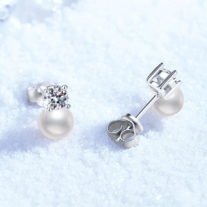 Boucles d'Oreilles Clous en Argent Sterling S925 Avec Perle d'Eau Douce et Moissanite Incrusté Rond Élégant Minimaliste Bijoux Femme