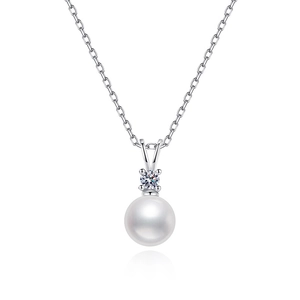 S925 sterling silver necklace featuring round freshwater pearl and sparkling moissanite stone