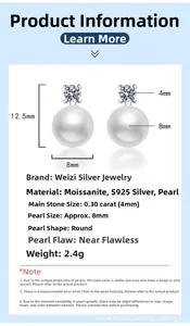 Detailed specs of S925 silver earrings with 4mm moissanite and 8mm round pearls