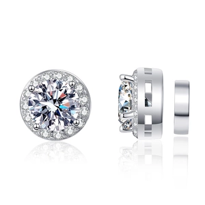 Classic round moissanite magnetic stud earrings in S925 sterling silver with halo stones
