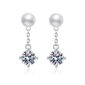 Elegant S925 sterling silver drop earrings with natural freshwater pearl and round moissanite