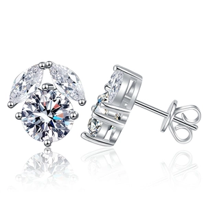 S925 sterling silver flower stud earrings with 1ct D-color round moissanite crown design