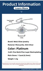 Gros plan du bracelet Moissanite 1ct en argent S925 avec spécifications détaillées