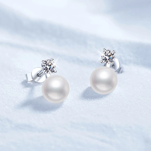 Elegant S925 silver stud earrings with natural white pearls and sparkling moissanite stones