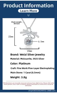Détail du pendentif nœud en argent S925 avec moissanite 1ct et longueur de chaîne 40+5cm